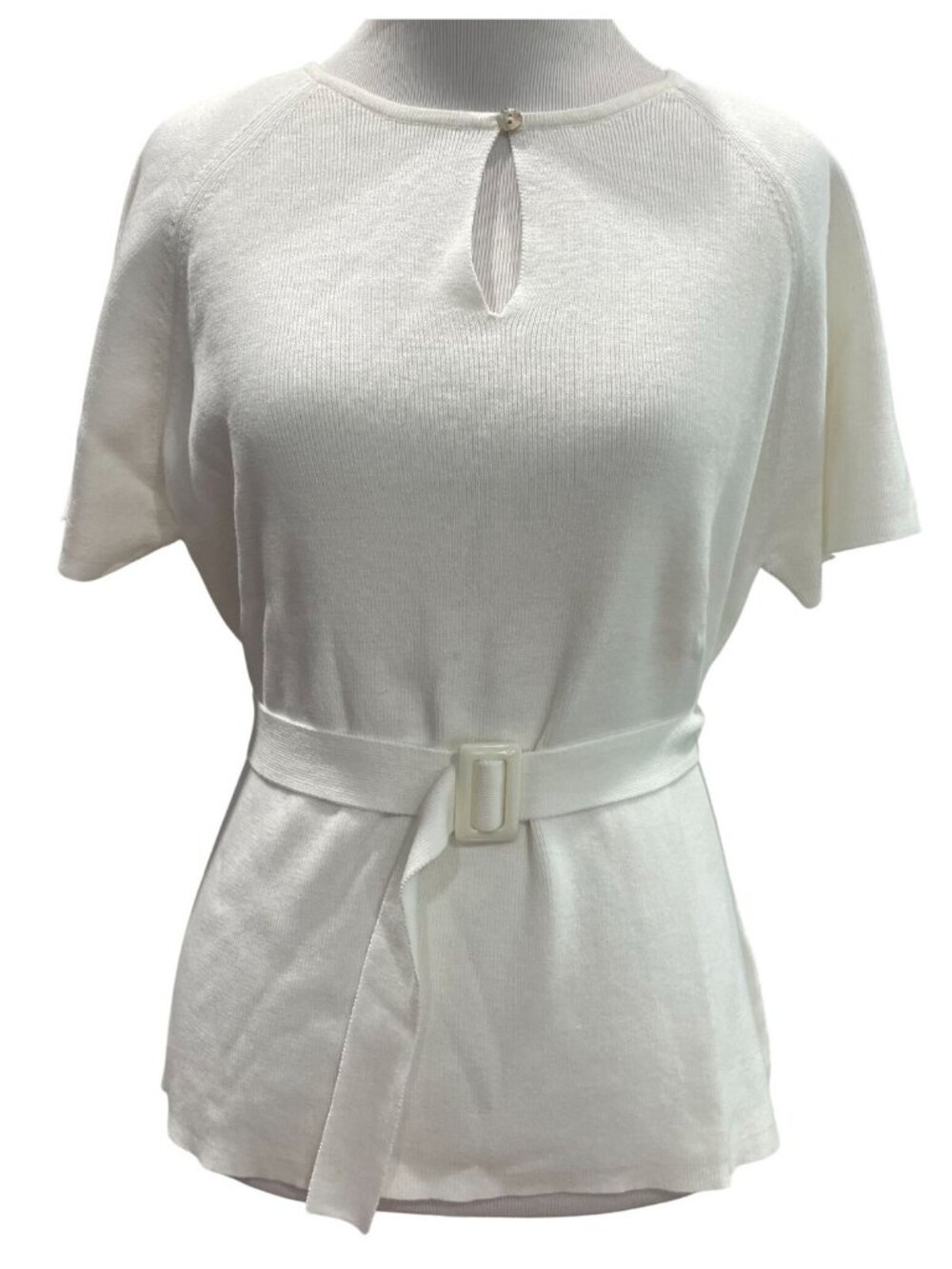 Vintage 80s Belted Top L White Cut Out Raglan Sleeves Cotton Minimalist Capsule